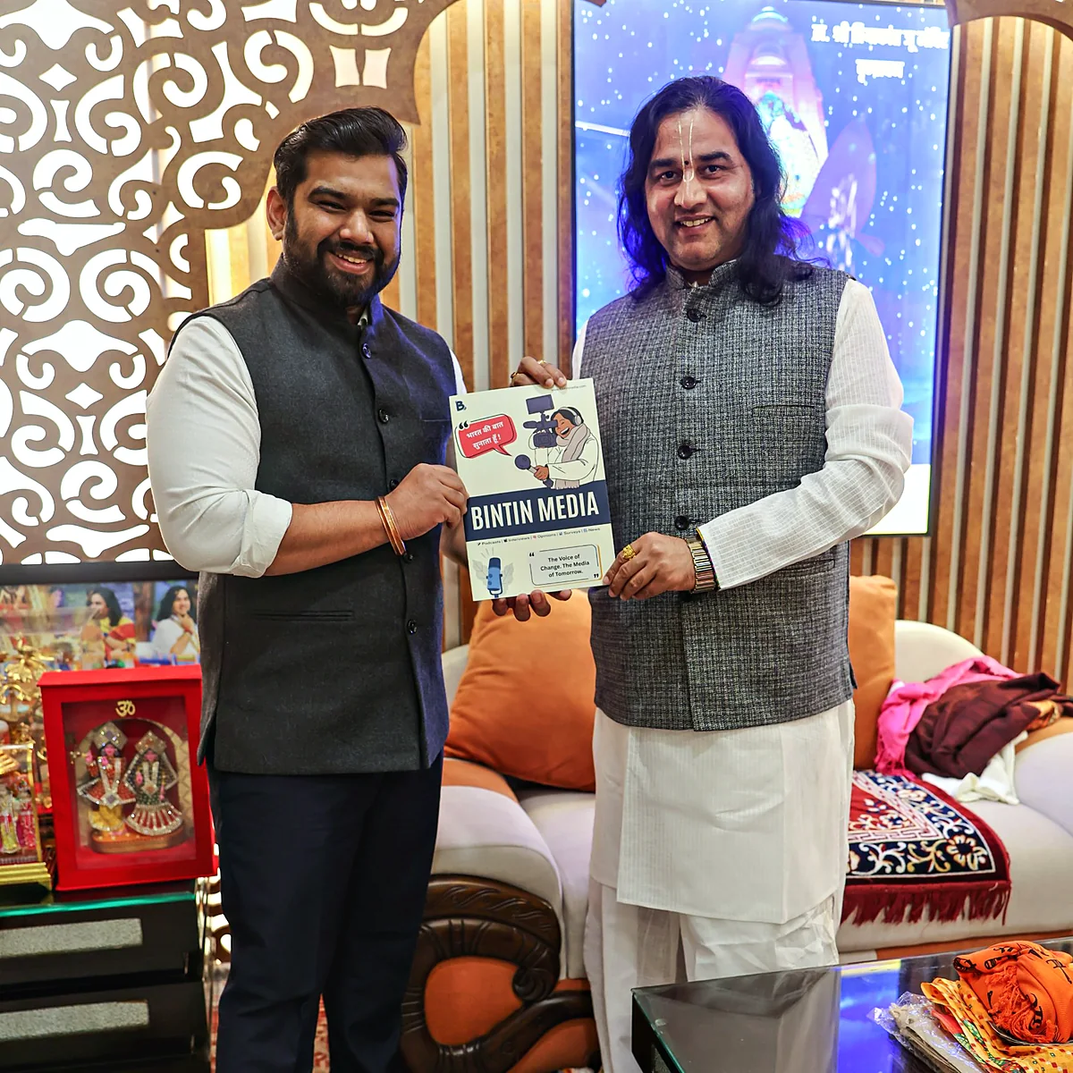 Devkinandan Thakur Ji Maharaj with Bintin Media Magazine and Nitin Vashisth