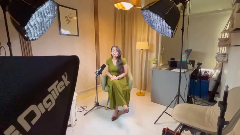 Before – raw podcast setup with softbox lights and stands at the Bintin Media podcast studio in Delhi