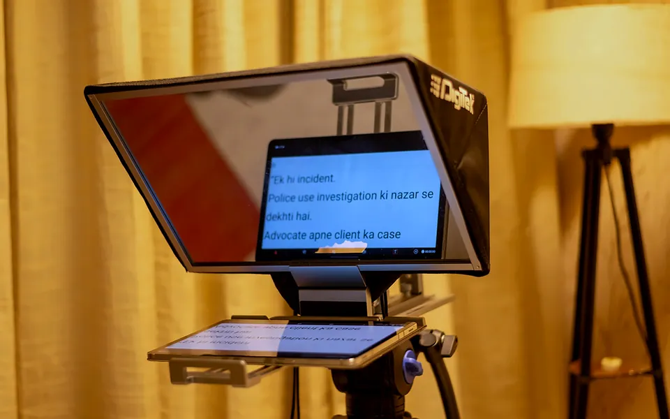 Teleprompter setup for a corporate film shoot by Bintin Media, Delhi
