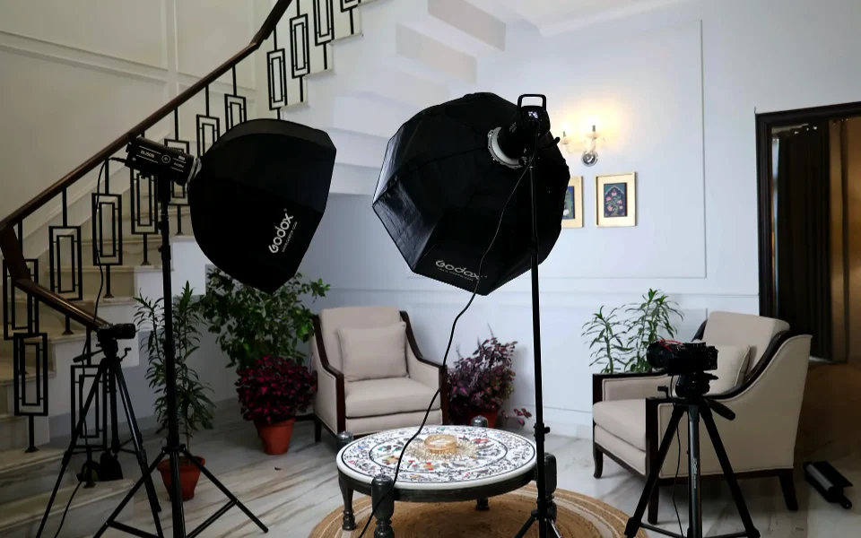 Corporate interview set lit with softbox lights in a South Delhi home by the Bintin Media crew