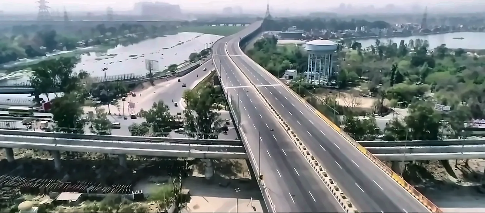 Aerial drone shot of a highway flyover and interchange, from the IRCON International corporate film by Bintin Media