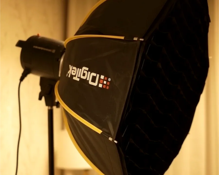 Pro studio lighting with octagon softbox at the Bintin Media podcast studio in Dwarka, Delhi