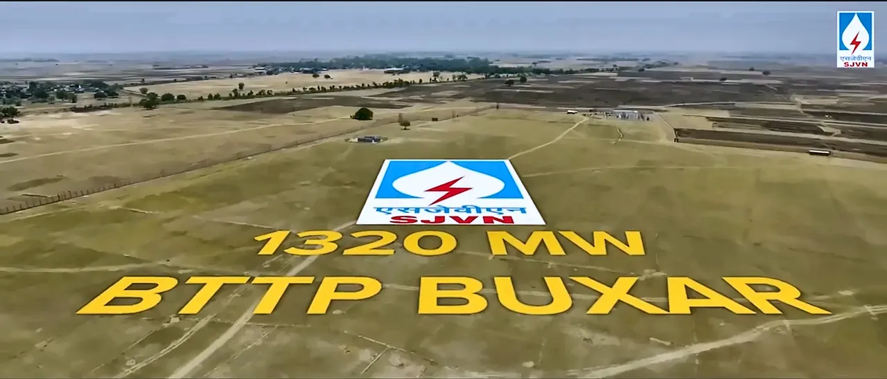Drone shot of the SJVN 1320 MW Buxar Thermal Power Project site in Bihar with the SJVN logo on the ground