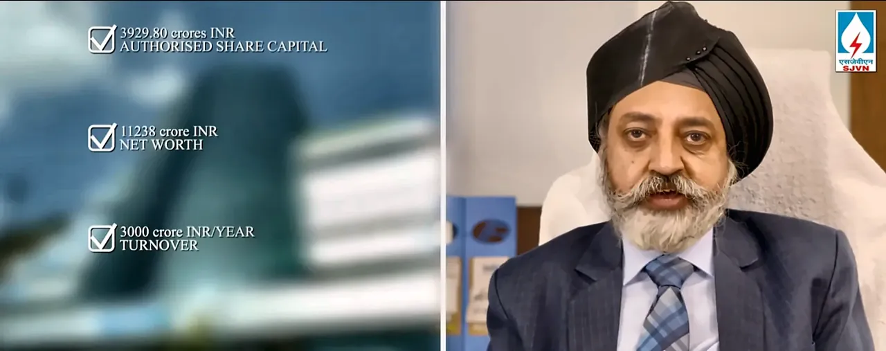 Split-screen frame with financial figures in motion graphics beside the SJVN Director (Finance) interview